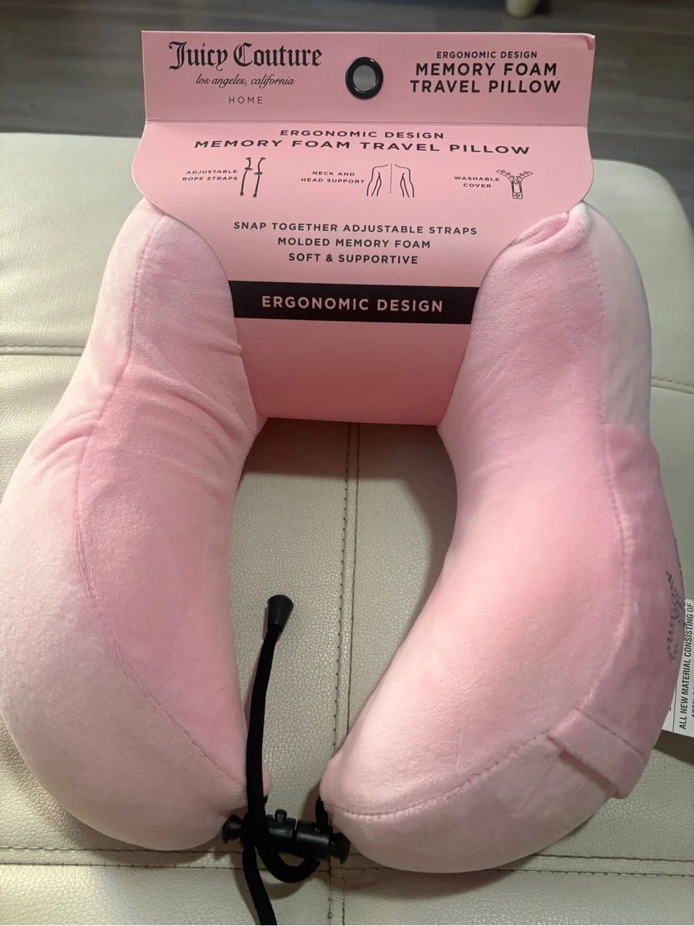 Juicy Couture Pink Ergonomic Memory Foam Travel Pillow